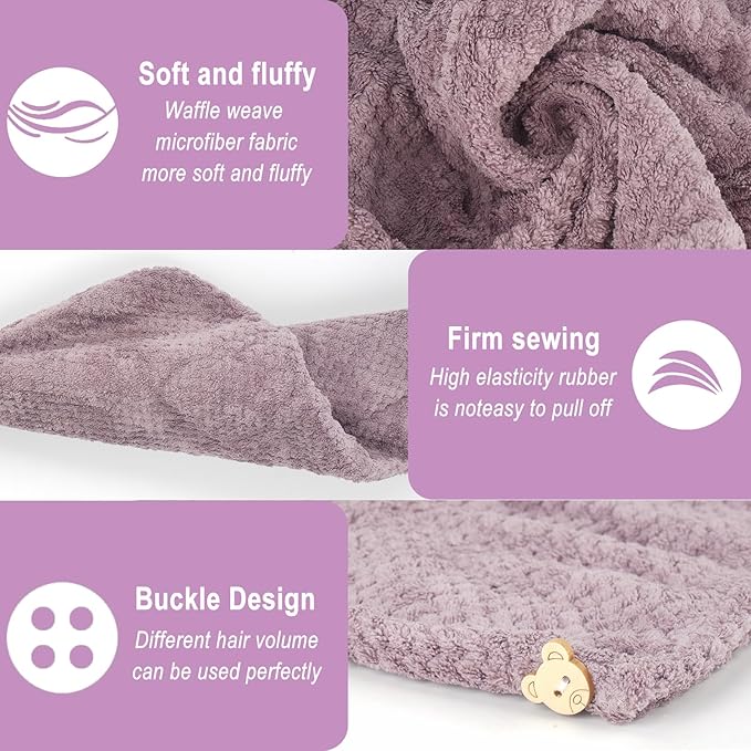 YHPDYL 3 Pack Microfiber Hair Towel Wrap for Women, Fast Drying Hair Turban with Button, Anti-Frizz Large Hair Towel for All Hair Styles, Soft & Absorbent Hair Drying Towel (Purple, Bule, Brown)