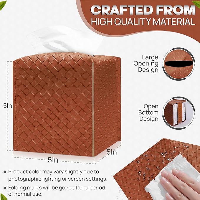 Tissue Box Cover Holder, PU Leather Tissue Box Cover with Braided Pattern, Square Tissue Holder with Bottom Belt, Modern Organizer for Bathroom, Car, Office,(Saddle Brown, 12 Braided Patterns)