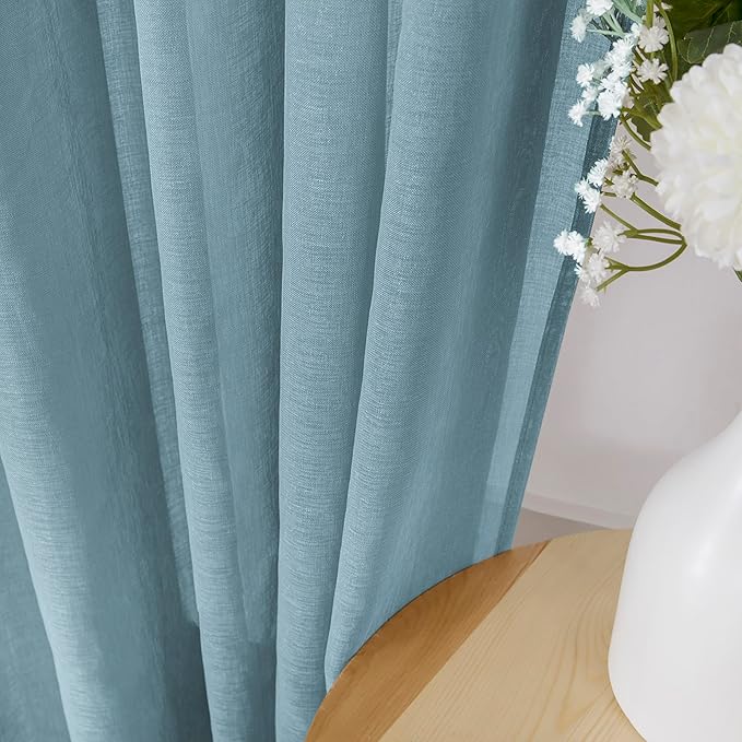 Tollpiz Short Sheer Curtains Linen Textured Living Room Curtain Sheers Light Filtering Rod Pocket Voile Curtains for Bedroom, 42 x 45 inches Long, Dusty Blue, Set of 2 Panels