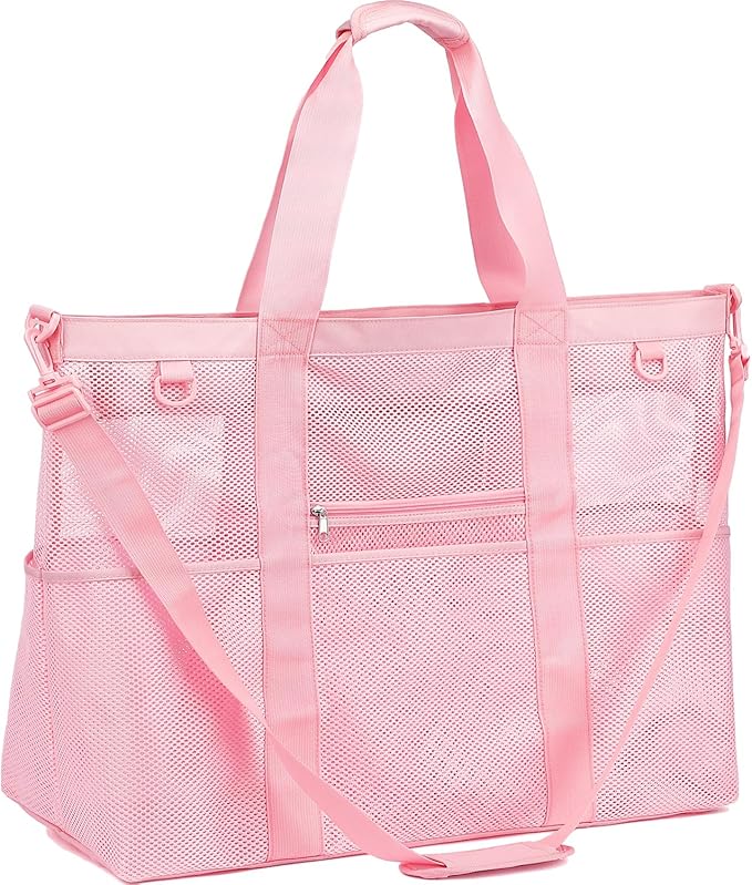 Fammart Mesh Beach Bag, Large Beach Tote with Zipper Pocket for Family Pool Bag for Toys & Vacation Essentials