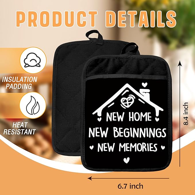 Housewarming Gifts Pot Holders with Pockets, New Homeowner Gifts, New Home Beginnings Memories Oven Pot Holders Heat Resistant Oven Mitts Hot Pads for Kitchen Baking Cooking