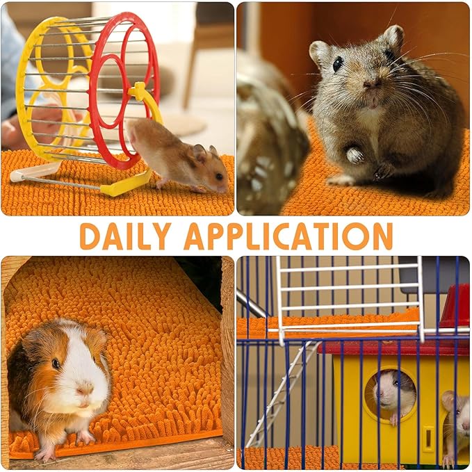 Amylove 4 Pcs Guinea Pig Cage Liner Guinea Pig Bedding Dog Door Mat for Muddy Pet Paws Washable Chenille Pee Pads Small Animal Sleeping Bed for Bunny Hamster(16 x 24 Inch,Rectangular,Orange)