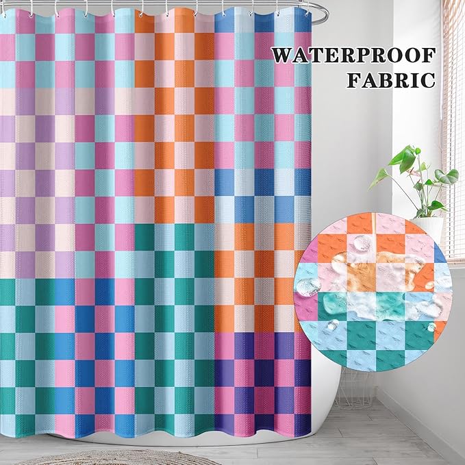 Culudea Retro Checkered Aesthetic Colorful Shower Curtain Set, Funky Checkerboard Modern Bathroom Window Waterproof Shower Curtain Set for Bathroom Decor