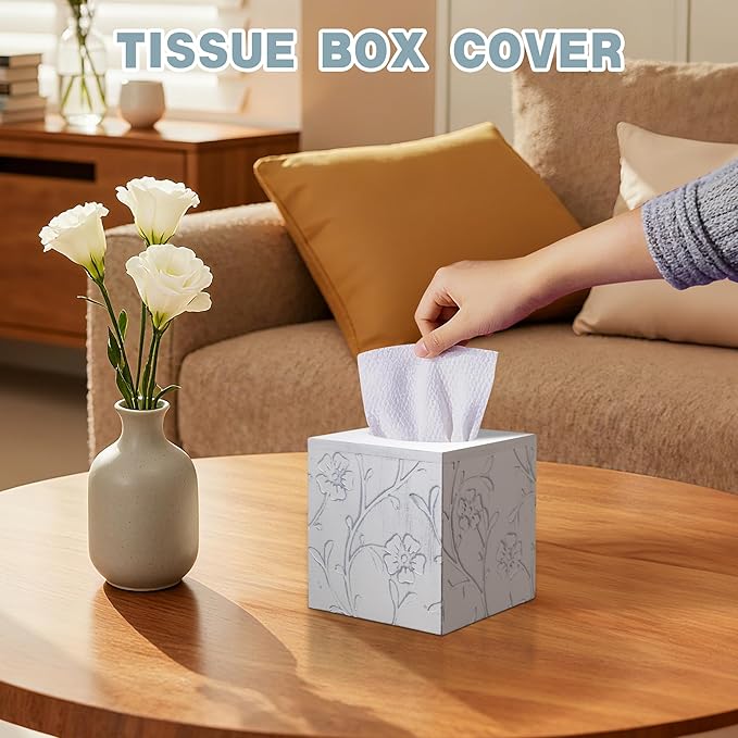 Tissue Box Cover Square, Carved Flowers Wooden Tissue Box Holder with Slide-Out Bottom, Decorative Cube Wall Mounted Tissue Holder for Desktop Nightstand Bathroom Office, Rustic Farmhouse Home Decor