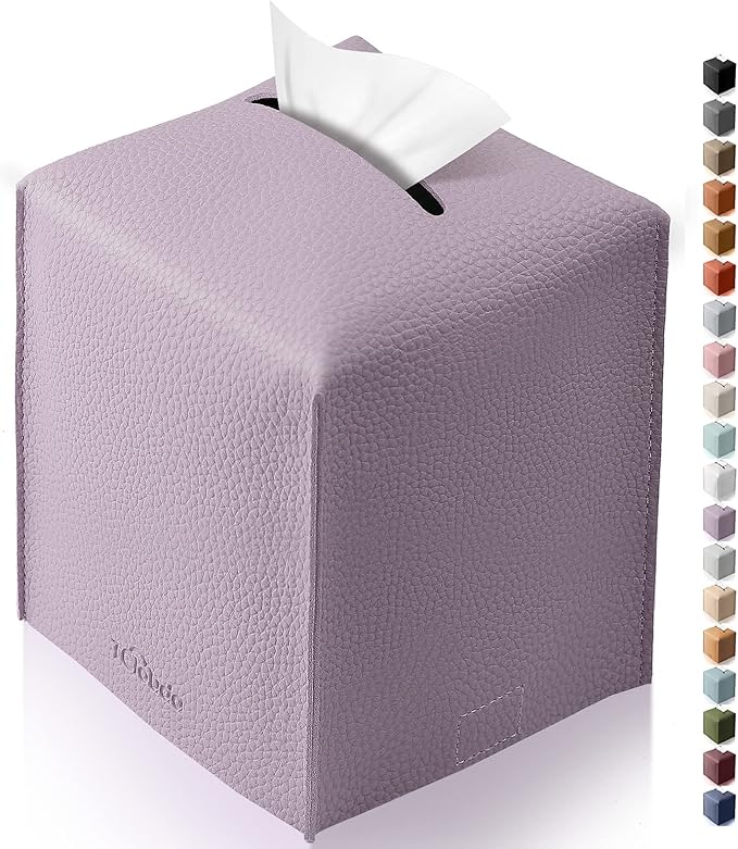 Tclouda Tissue Box Cover for PU Leather, Modern Simple Solid Color Holder Square Tissue Bag, Ideal for Bathrooms,Office,Car,Nightstand,Outdoor Tent,Dining Table,5"X5"X5", Single Purple