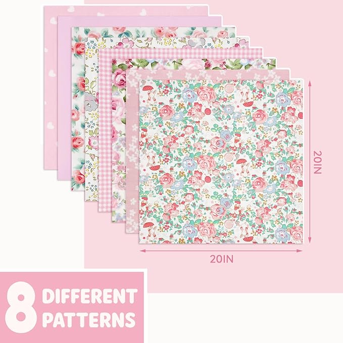 Aubliss 8pcs Fat Quarter Fabric Bundles (100% Cotton - 20'' x 20'') Quilting Cotton Craft Fabric Pre-Cut Squares Sheets for Patchwork Sewing Quilting Crafting(Rose)