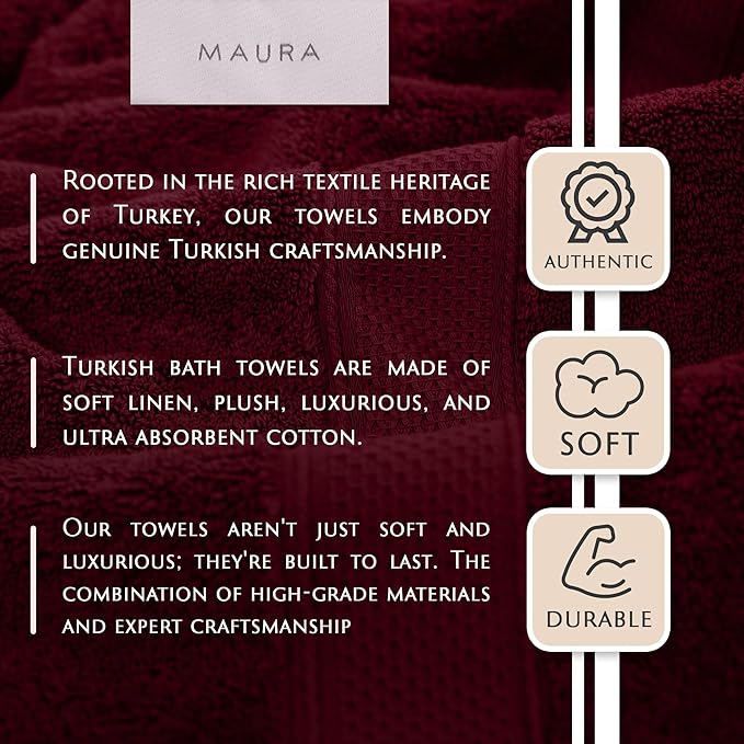 MAURA Wine Red Extra Large Turkish Cotton Luxury Bath Towels Set of 4. Ultra-Soft, Thick & Plush Towels for Bathroom - Burgundy