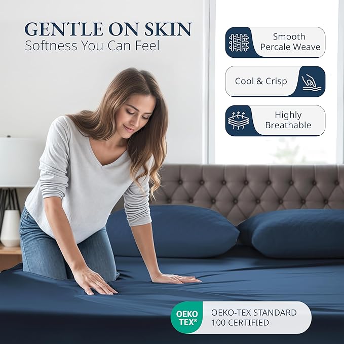 LANE LINEN 100% Organic Queen Size Fitted Sheet(+Pillowcases), Soft & Comfy Fully Elasticized Naturaly Temperature Regulating for Hot Sleepers Deep Pocket Fits Mattress Upto 15"- Estate Blue