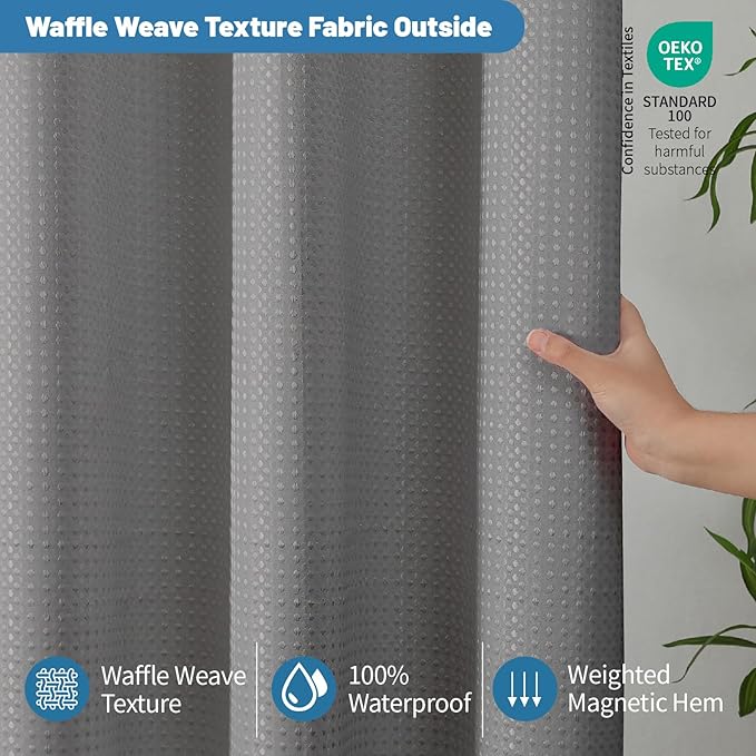 THAIGEE 2-in-1 Waterproof Fabric Shower Curtain - No Separate Liner Needed, Hotel-Style Waffle Weave, Effortless Cleaning & Washable Bathroom Shower Curtain Set,72Wx78H,Grey