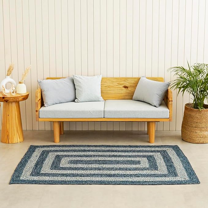 Traditional Jute Braided Runner Rug, Rustic Primitive Country Décor for Kitchen, Entryway, Hallway, Denim Blue, 2'6"X10'