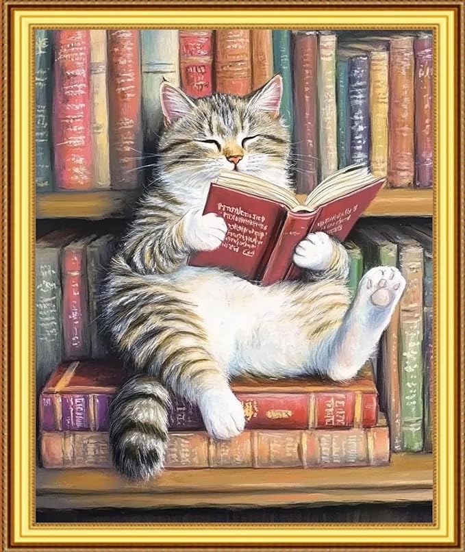 Foxnyart Stamped Cross Stitch Kits Full Range of Embroidery Needlework Starter Kits for Beginners Adults 11CT Embroidery Patterns Art Crafts DIY Needlepoint Kit-Bookshelf cat Reading 16x20 inchs