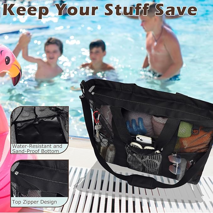 Fammart Mesh Beach Bag, Large Beach Tote Bags with Zipper, Toys Pool Bag for Family Travel Vacation Cruise Essentials