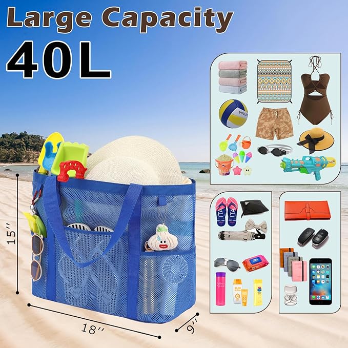 Fammart Mesh Beach Bag, Large Beach Tote Bags with Zipper, Toys Pool Bag for Family Travel Vacation Cruise Essentials