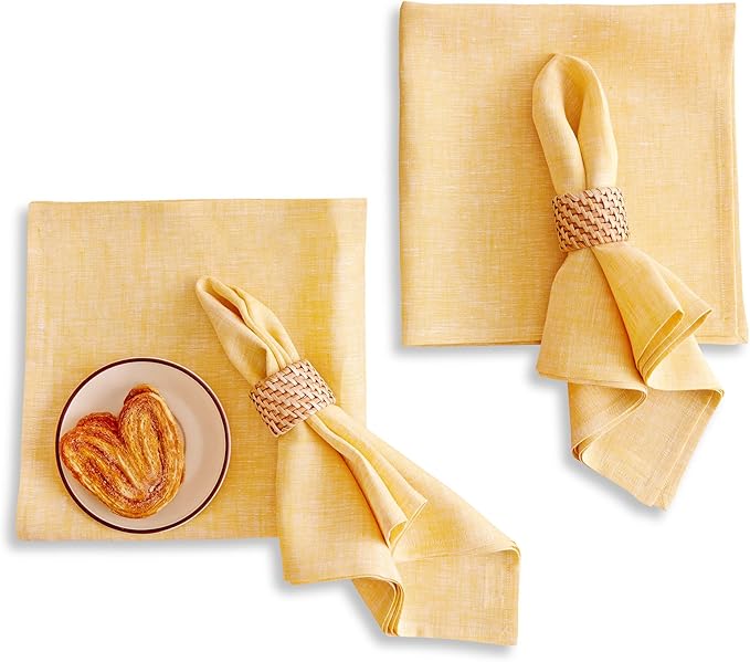 Solino Home Linen Cloth Napkins Set of 4-100% Pure Linen Chambray Mustard Yellow Dinner Napkins 20 x 20 Inch for Spring, Easter - Athena, Handcrafted and Machine Washable