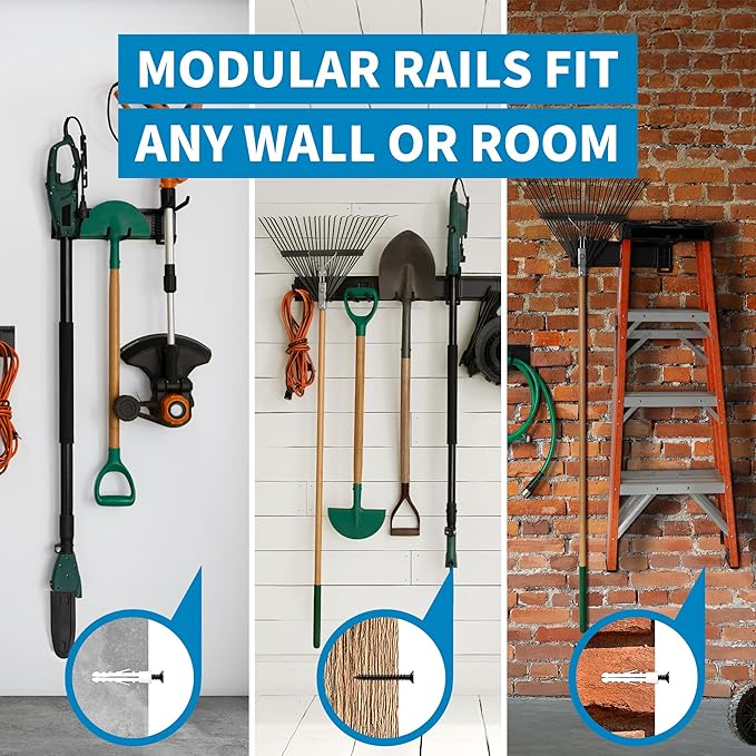 Precision Defined Garage Organizer Wall Mount (48 Inches), Heavy-Duty Tool Racks and Tool Hanger for Shovel and Rake, Garden Organizer with Hangers for Garage Organization, Metal Hanging Rack