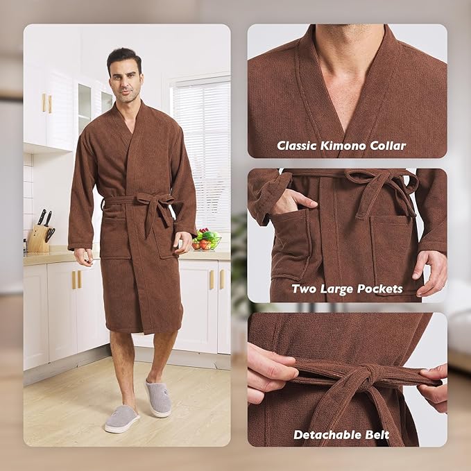 FashGudim Terry Cloth Robes for Men Big and Tall Short Mens Kimono Robe Super Absorbent Spa Bathrobe Calf Length With Pockets