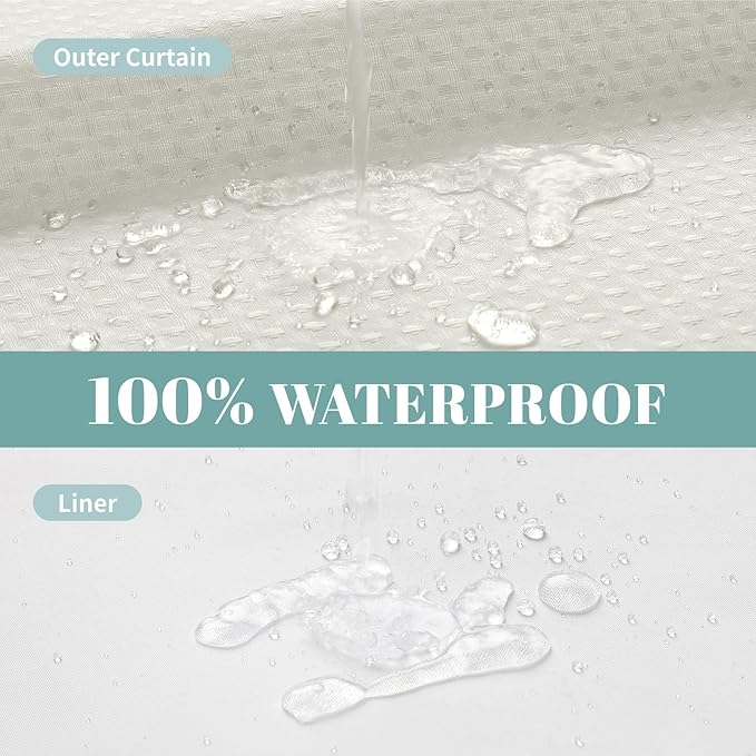 eachope Cream No Hook Waffle Weave Shower Curtain with snap-in Liner Replacement, 230GSM Waterproof Fabric Hotel Shower Curtain Set for Bathroom, Through Mesh Top Window,60Wx74H