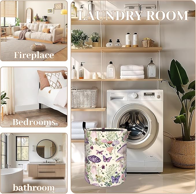 ainori Mushroom Floral Laundry Basket, Oxford Cloth Pastel Dreamy Dirty Clothes Collapsible Hamper for Room Decor, Butterfly Flower Print Gifts Toy Organizer 19.7*15.8 Inch for Bedroom Bathroom Dorm