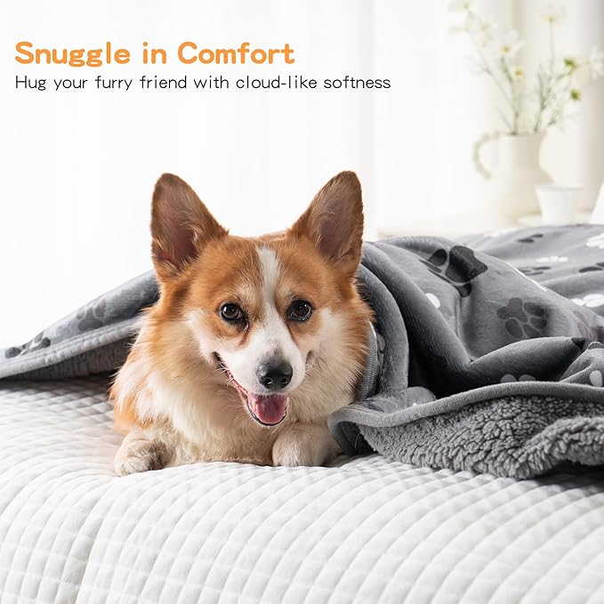 CAPT.SNOOZE Waterproof Dog Blankets Pet Blanket 60"x80", Soft Fluffy Sofa Car Bed Protector, Reversible Sherpa Fleece Dog Blanket for Large Dogs (Dark Grey-Paws)