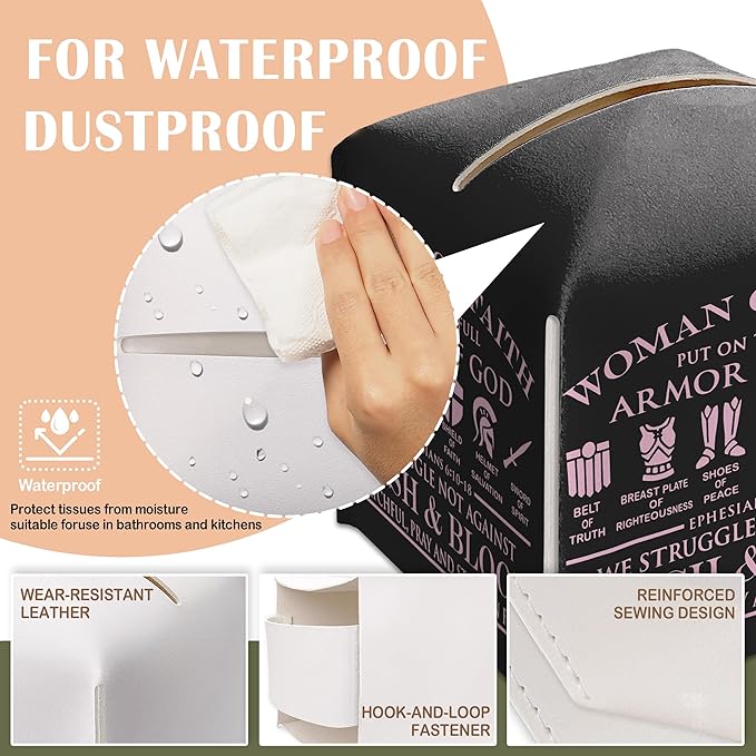 Tissue Box Gifts with Leather Cover Square, Woman of Faith Gift Ideas for Friends, Black Tissue Box, Armor of God, Desk Decor for Bathroom Office, New Home Favor-(5.2 Inches)
