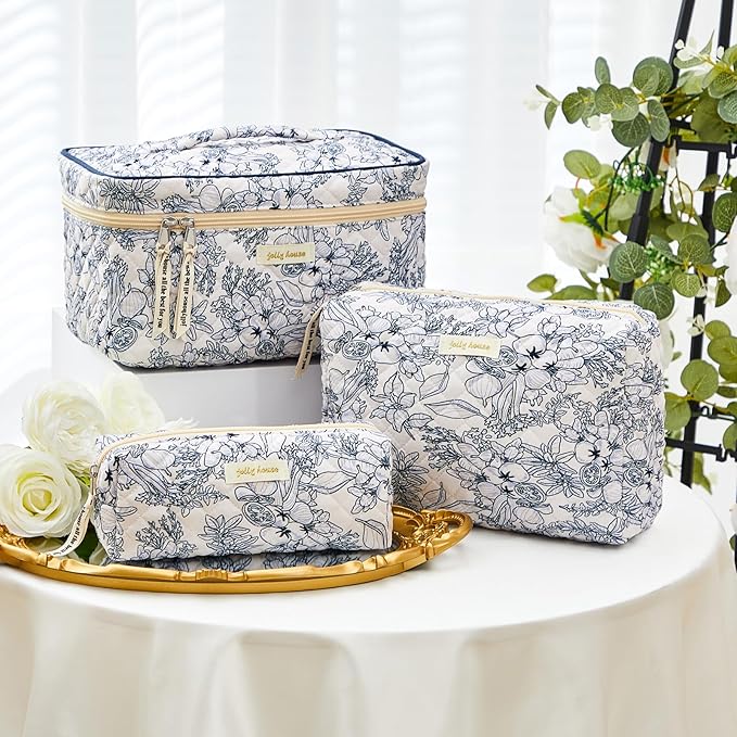 Zeyune 3 Pcs Makeup Bag Quilted Cosmetic Bags Large Floral Makeup Bag Set for Women Cotton Flower Travel Toiletry Storage Cute with Zipper for Women Mom Birthday Gift Home Bathroom(Blue Plants)