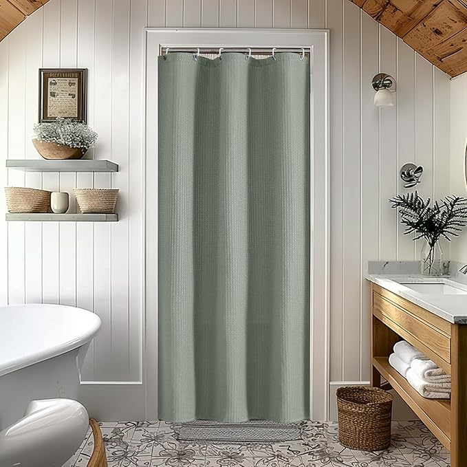 OVZME Stall Fabric Shower Curtain Set - 36x72, Waffle Weave 230GSM Heavy Duty Shower Curtains for Narrow Stall Size, Machine Washable Bath Curtain with 12 Plastic Hooks, Sage Green