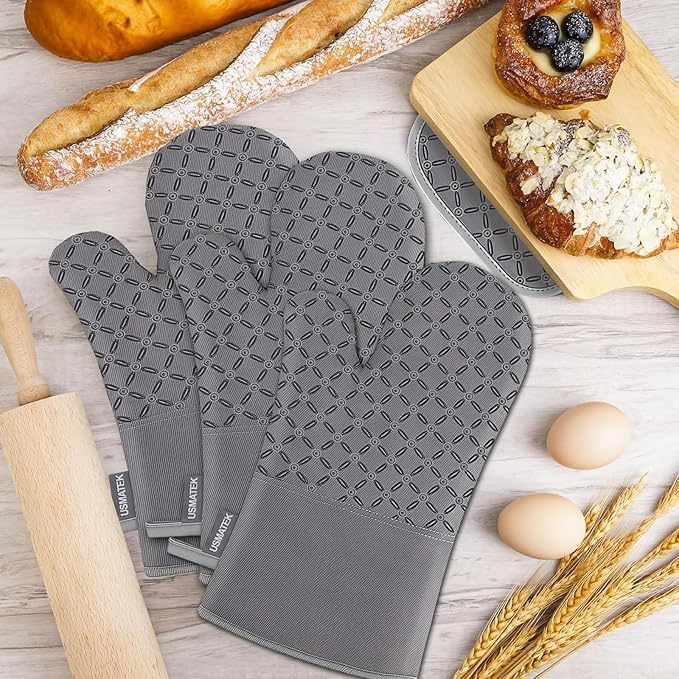 Oven Mitts and Pot Holders Set – 6 PCS Heat Resistant to 500°F, Extra Long Silicone Oven Gloves & Potholders with Non-Slip Grip, Quilted Cotton Lining, Washable, for Cooking, Baking, BBQ (Grey)