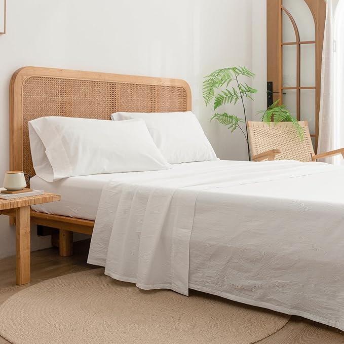BESTOUCH Sheet Set 100% Washed Cotton Linen Feel Super Soft Comfortable Chic Lightweight 4 Pcs Home Bedding Set Solid Off White King