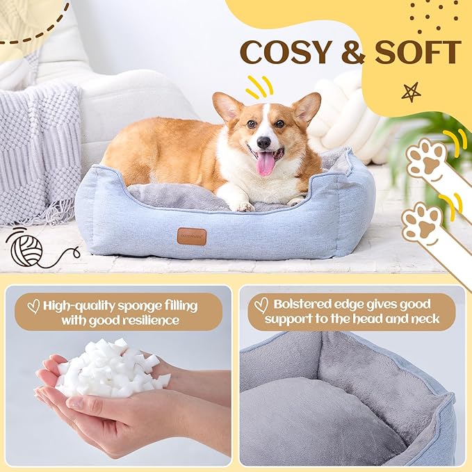 OUPEIWAWA Rectangle Dog Bed for Large Medium Small Dogs Washable Pet Bed with Bolster Sides Non-Slip Bottom Pet Sofa Waterproof Lining Durable Pet Cuddler, Sky Blue, 33x 26x 7.5