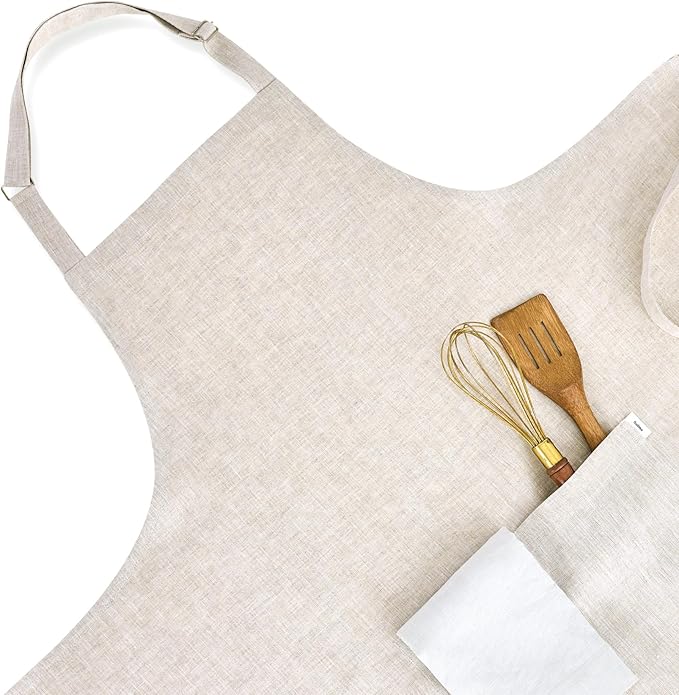 Solino Home 100% Pure Linen Apron for Women & Men - Full Midi Bib Apron Adjustable Neck Strap with Center Pockets for Kitchen