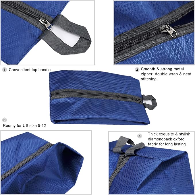 Bellcon Washable Shoe Bags for Travel, 4 Pack Blue, Nylon and Oxford Fabric, Zipper Closure