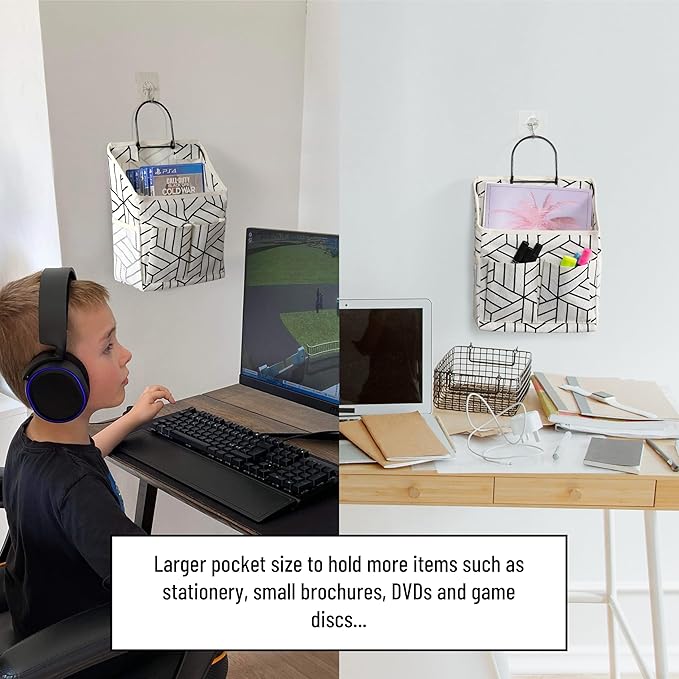 HZZTY BRNY 2pcs Wall Hanging Storage Bag, Small Door Closet Linen Fabric Pockets Organizer, Waterproof Multi Functional for Living Room Bedroom Bathroom Kitchen RV Camper with Hooks Pattern Whtie