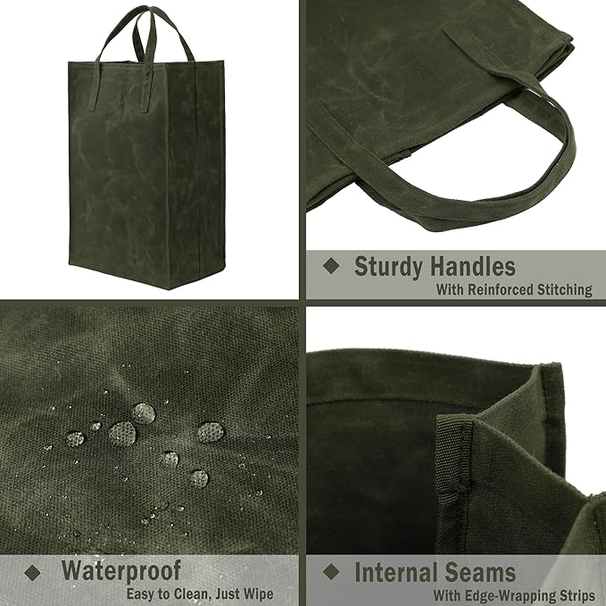 Kaaltisy Waxed Canvas Grocery Bag Eco-Friendly Reusable Shopping Bags Foldable Organic and Vegan Shopping Bags, Tall, Soft Handfeel