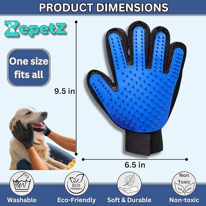 ZepetZ (1 Pair) Pet Hair Remover Gloves – Blue, Reusable Grooming Gloves for Dogs, Cats & Horses, Gentle Deshedding, Bathing & Massaging, Anti-Shedding Tool for Pet Hair Removal 1 Pair