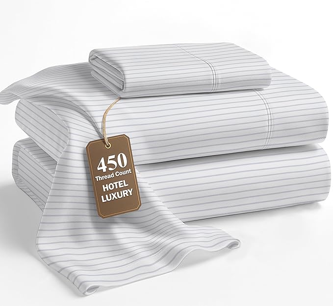 LANE LINEN Cotton Sheets Twin – 450 Thread Count Twin Size Sheet Set, Soft Sateen Weave, 15” Deep Pocket Fits Mattress, Cooling Sheets for Home & Hotel, Ticking Stripe