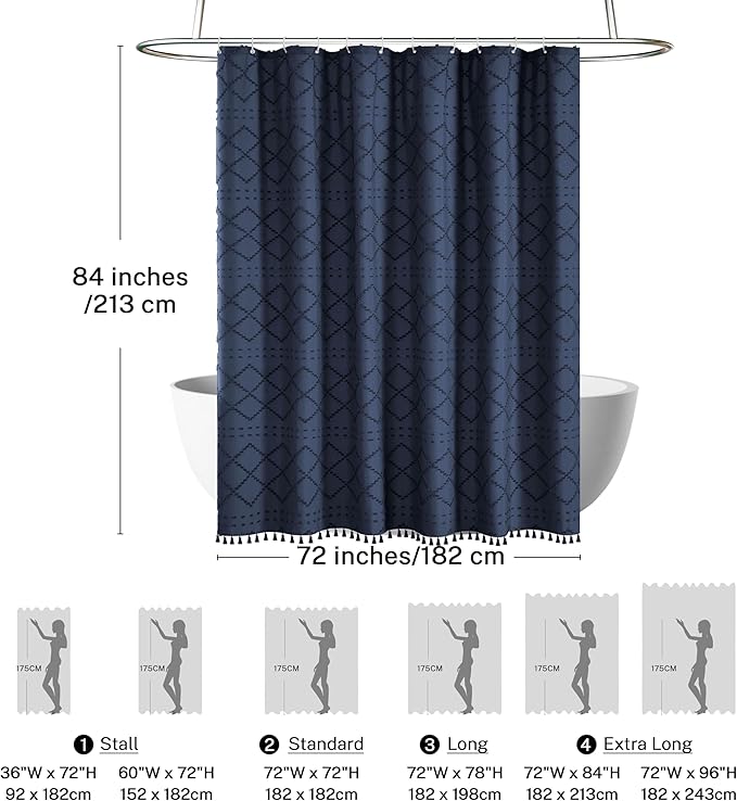 Siiluminisoy Extra Long Boho Farmhouse Shower Curtain Woven Fabric Navy Blue 84 Inch Curtain, 72 x Tufted Chevron Textured Striped Modern Minimalist Cloth Set with Hooks for Bathroom