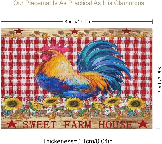 Rooster Placemats,Farm Vintage Rustic Farmhouse Lattice Sunflower Flower Chicken Animal Print Washable Fabric Placemats Table Kitchen Dining Party 12x18 Inch Set of 6