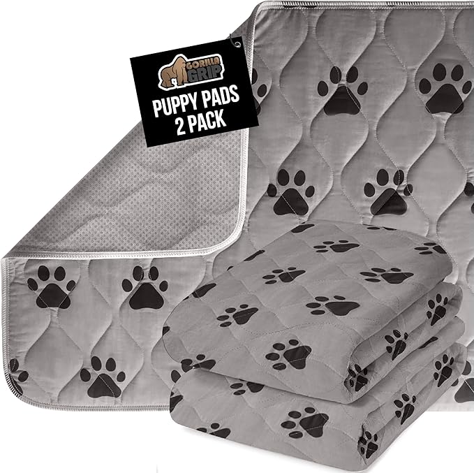 GORILLA GRIP Washable Puppy Pads, Slip Resistant Dog Crate Mat, Waterproof Cloth Pee Pad for Training Puppies in Playpen, Reusable Pet Incontinence Blanket, Protects Sofa, Furniture, 14x10 Pack of 2