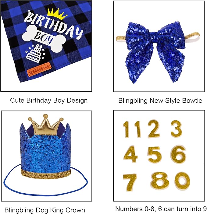 ADOGGYGO Dog Birthday Hat Bandana - Navy Blue Birthday Boy Dog Bandana Pet Party Hat with Numbers Bow and Happy Birthday Banner Set (Large)