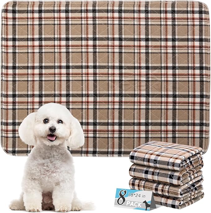 ESGPET Washable Pee Pads for Dogs - 18”x24” 8PCS, Whelping Pad for Puppy Training, Playpen Crate Bed Floor Protector, Reusable Dog Potty Pads Non-Slip, Super Absorbent & Odor Controlling, Brown Plaid