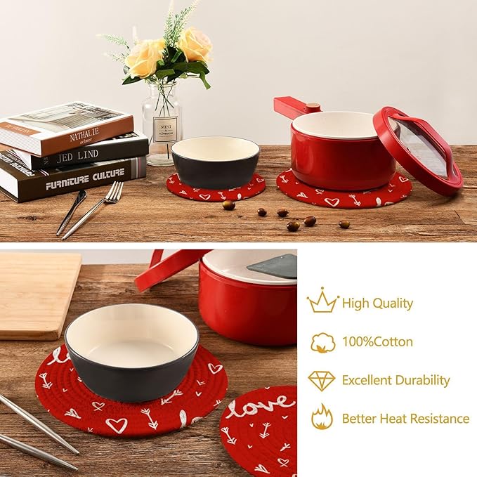Valentine's Day Hearts Arrows Trivet Mat 2PCS Round Woven Potholders Kitchen Table Countertop Protector Hot Pads Farmhouse Coasters Counter Mats for Cooking Baking