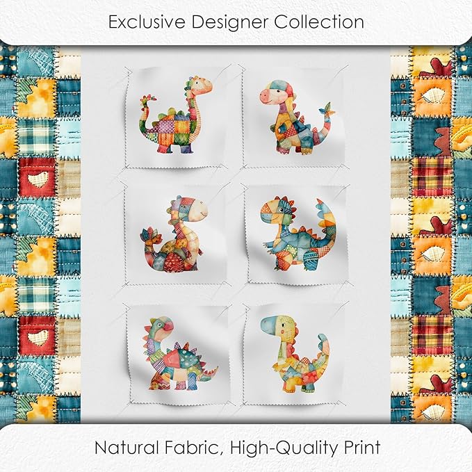Patchwork Dinosaur Cotton Fabric Panel – 6 Designs (10×10 inch Each) + Bonus Sheet 29.5×19.6 inch, 100% Cotton 140 GSM, Made in Türkiye