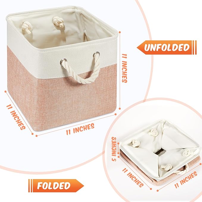 Geiserailie 6 Pcs 11 x 11 Inch Cube Storage Bins Fabric Storage Organizer Bins Foldable Cube Baskets with Sturdy Carry Handles Wicker Baskets for Home (Orange Pink and White)
