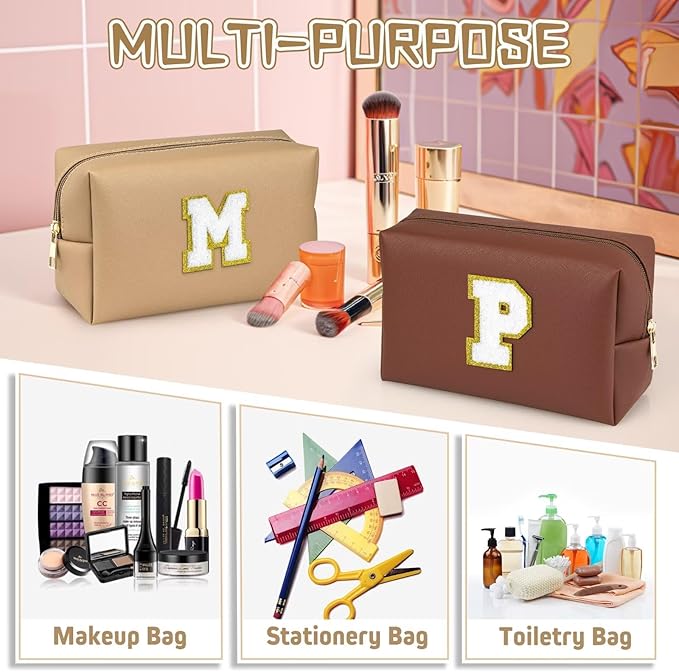 TOPEAST Personalized Makeup Bag, Chenille Letter Pouch Cosmetic Bag w Zipper, PU Leather Waterproof Toiletry Bag, Bridal Shower Gifts for Bridesmaids, Cute Stuff for Girls (Khaki P)