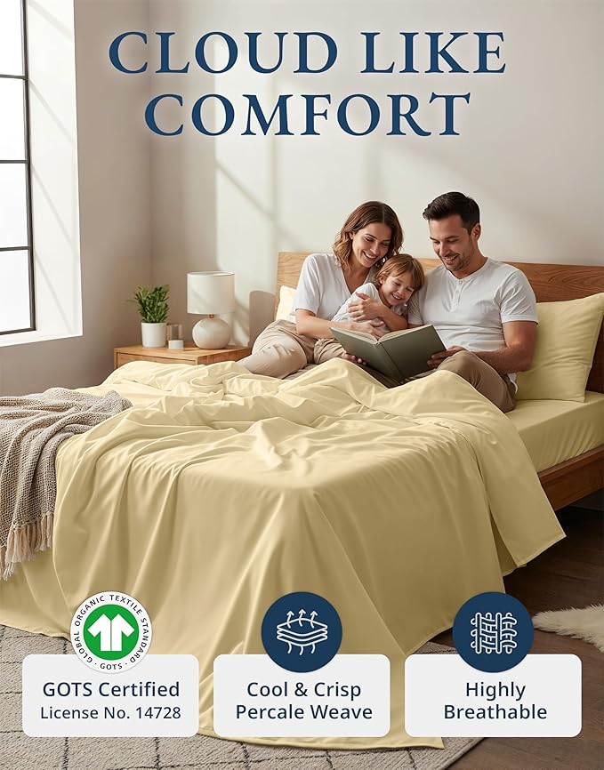 LANE LINEN 100% Organic Cotton California King Sheets Set, 4-Piece Soft & Comfy Luxury Hotel Style Percale Weave Best Bedding Sheets for Bed, Breathable, Fits Mattress Upto 15" Deep - Vanilla