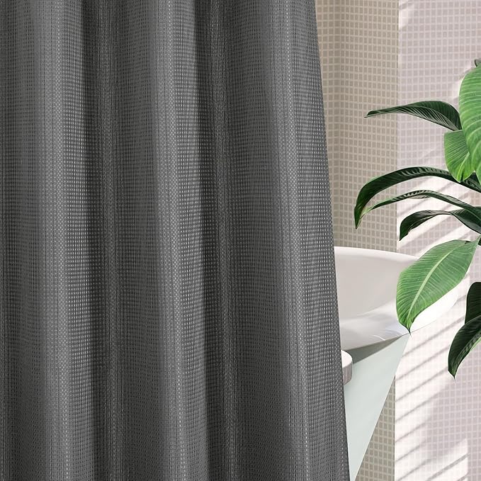 MitoVilla Grey Waffle Small Stall Shower Curtain Liner Set 36 x 74, No Hooks Required Half Size Narrow Fabric Cloth Shower Curtain Set with Snap-in Liner for Modern Bathroom Decor, Charcoal Grey
