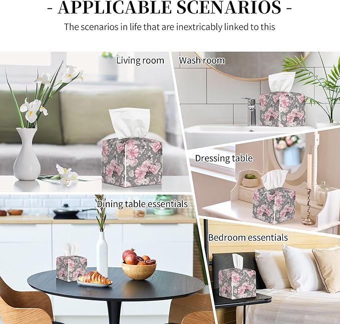 POIUBLE Tissue Box Holder Pink Flowers and Leaves Tissue Box Cover Square Leather Tissue Holder Organizer Portable Decorative Facial Paper Case for Home Office Bathroom Vanity Countertop