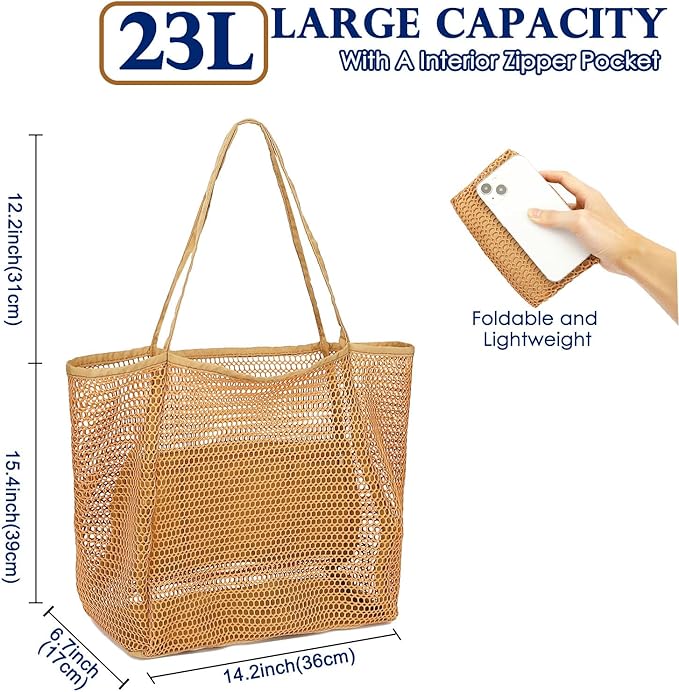 Fammart Mesh Beach Bag, Large Beach Tote with Zipper Pocket for Family Pool Bag for Toys & Vacation Essentials