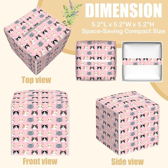 Leather Tissue Box Holder Cute Cat Faces Tissue Box Cover Facial Paper Case Organizer Cube Napkin Dispenser for Bathroom Vanity Countertop Night Stand Office Car