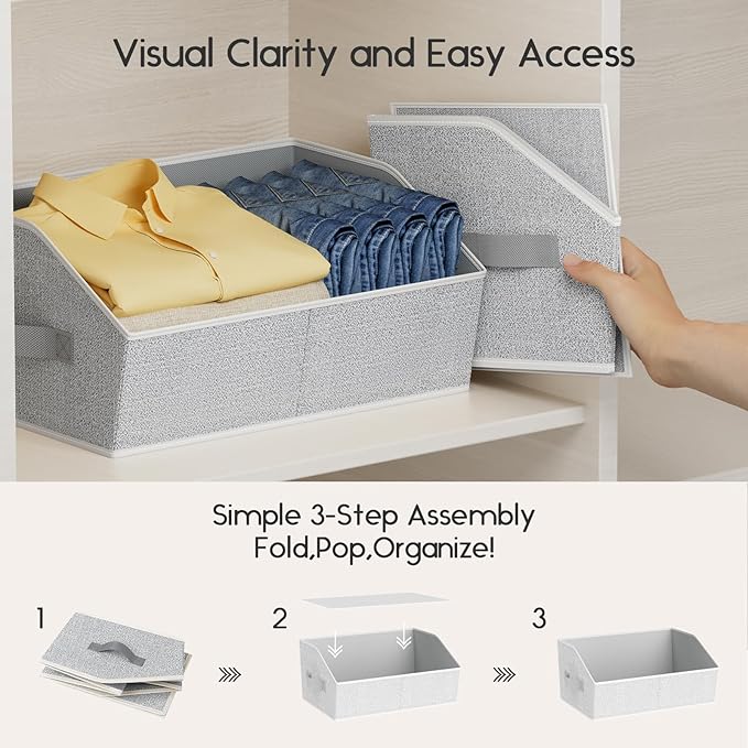 Homsorout Large Closet Organizers and Storage Bins - 4 Pack Trapezoid Storage Baskets for Shelves, Foldable Fabric Baskets with Handles Ideal for Closet, Basket, Wardrobe and Shelf Storage, Light Grey